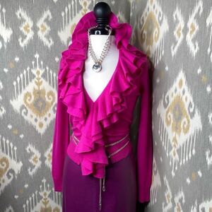 Ralph Lauren Blue Label Fuchsia Italian Cashmere Ruffle Front Cardigan Sweater